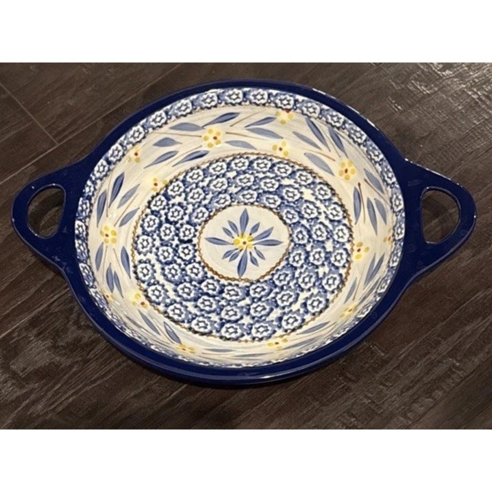 Temptations Old World Blue Floral 1.1 Quart Round‎ Pie Quiche Pan Handles